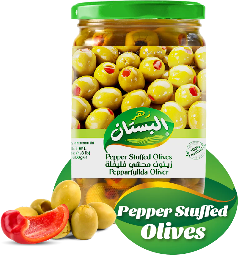 Bustan Pepper Stuffed Green Olives 600g